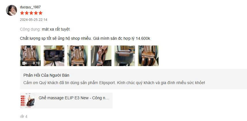 Đánh giá của khách hàng trên sàn thương mại điện tử Elipsport