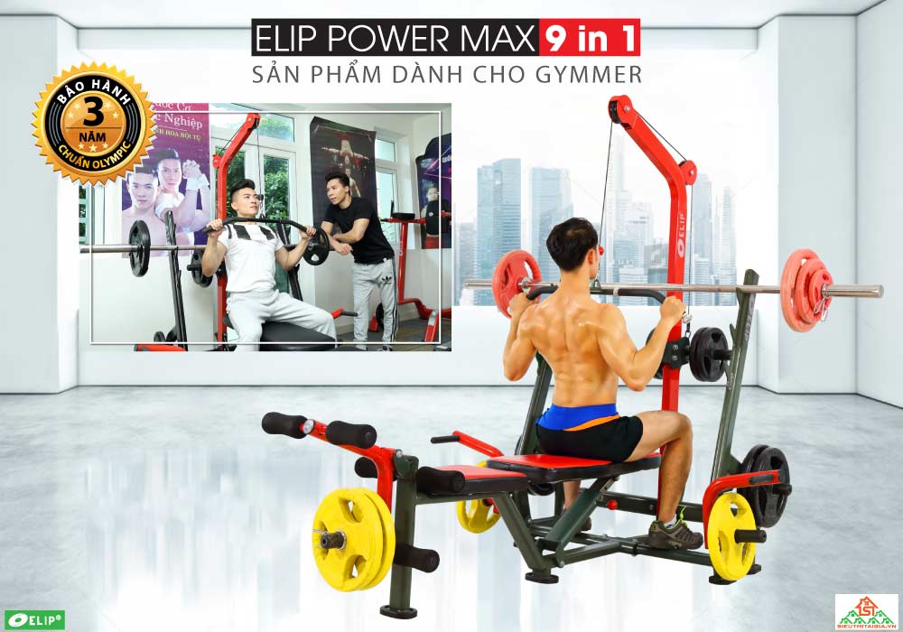 Ghế tạ đa năng Elip Power Max 9in1 - 40kg Tạ + Đòn Tạ